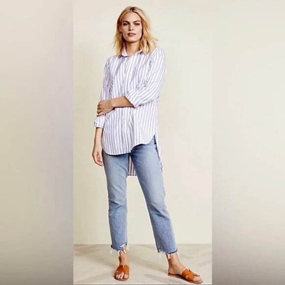 Frank & Eileen Tops - Frank & Eileen women S greyson blue pink white stripe shirt high low back Italy,